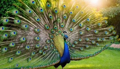 Obraz premium A majestic peacock displaying its vibrant, iridescent tail feathers in full bloom, showcasing the intricate eye-like patterns in a lush garden under a bright sky