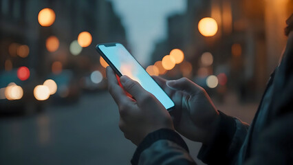 person using phone in the city, A person's hands holding a smartphone are displayed in the image, interacting with a social media interface. The phone screen glows with light blue and light peach/pink