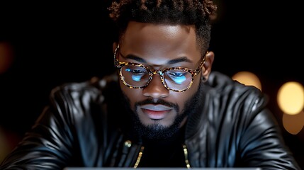 Obraz premium Man in Glasses Concentratedly Using a Device at Night