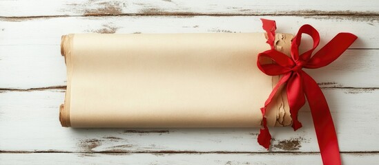 Vintage scroll with red ribbon on aged wooden background ideal for invitations or special messages.