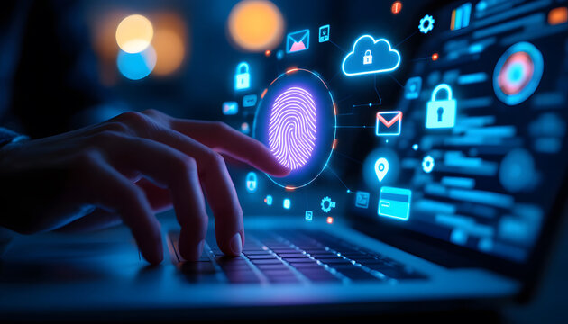 Biometric Security, Fingerprint Scan on Laptop with Security Icons, Data Protection, Finger Touching Digital Fingerprint Authentication