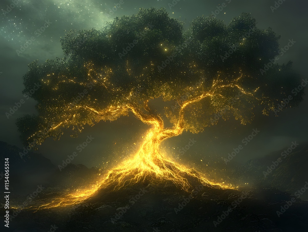 Poster Enchanted Illuminated Tree with Glowing Roots and Leaves Against a Mystical Background under Starry Sky for Magical Nature Scene