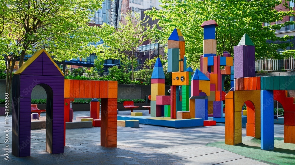 Aufkleber a whimsical block-building playground in a vibrant city park, towers and structures in a playful arr