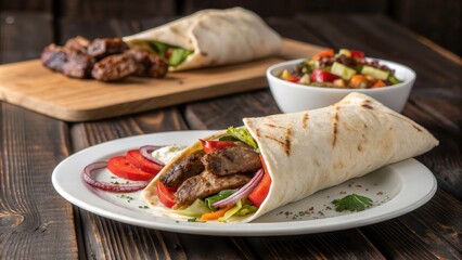Delicious Meat and Vegetable Wrap Served With Fresh Sides on a Wooden Table. Generative AI
