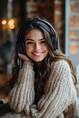 A woman wearing headphones sitting on a couch