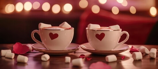 Fototapeta premium Romantic coffee setting with two cups topped with marshmallows and surrounded by rose petals against a blurred warm background