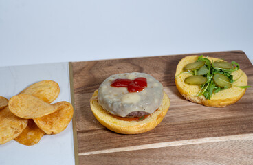 Restaurant handmade burger with chips