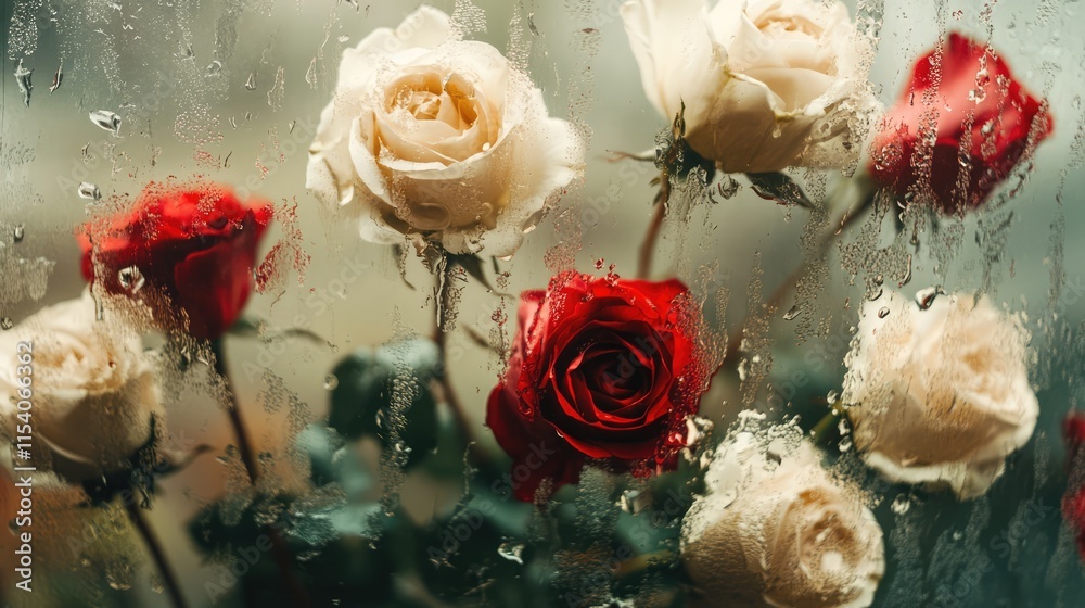 Poster dewy window with beautiful white and red roses creating an abstract floral composition in a softly b