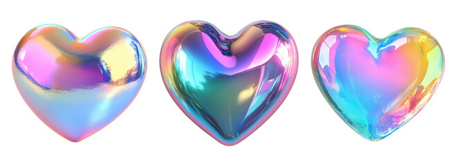 Set of isolated three hearts in 3d glossy rainbow holographic style on a transparent background.