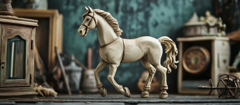 Vintage wooden toy horse displayed on a rustic table with antique decor and nostalgic items in a charming retro setting.