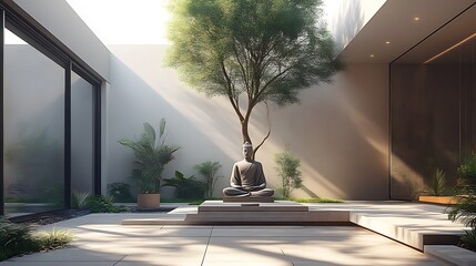 Serene Buddha statue in minimalist courtyard garden.