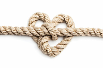 Obraz premium Heart-Shaped Knot Tied with Natural Rope on a White Background for Romantic and Symbolic Themes