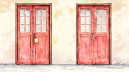 Fototapeta premium Two Bright Red Doors with Window Panes and a Padlock on One Door Set Against a Neutral Wall Background