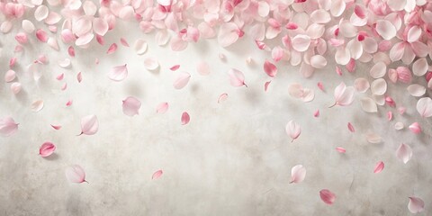Fototapeta premium Soft pink sakura petals gently fall onto a serene white background with subtle texture resembling traditional Japanese paper , spring sakura petals falling, delicate petals