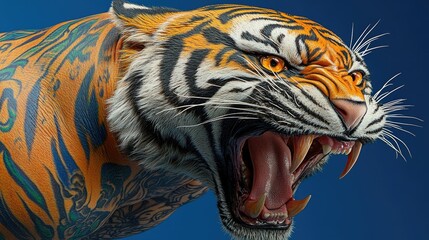 A fierce tiger with vibrant orange and black stripes, showcasing detailed fur and expression.