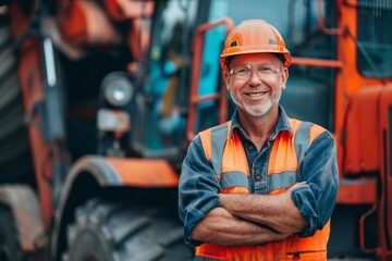 Confident Engineer In Hard Hat And Safety Vest Stands Proudly With Agricultural Machinery