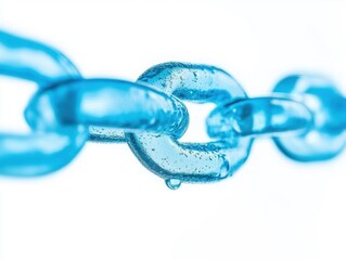Transparent Blue Chain Link with Water Droplets on a Bright Background