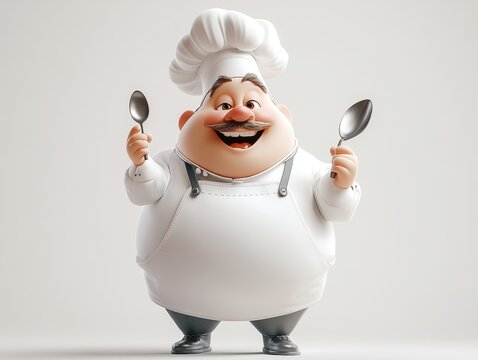 A cheerful cartoon chef holding spoons, ready to cook.