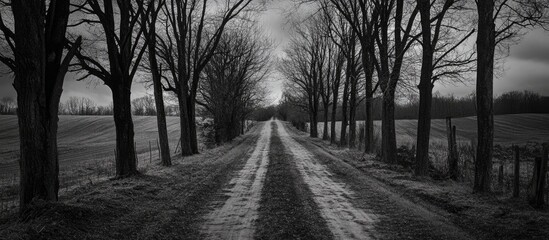 Rustic country road lined with trees leading toward a serene home under a dramatic cloudy sky in black and white photography.