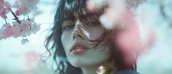 Ethereal minimal fashion photography model with sakura leaf drifting gently in soft breeze, clean aesthetic, modern outfit, blurred background, harmonious composition
