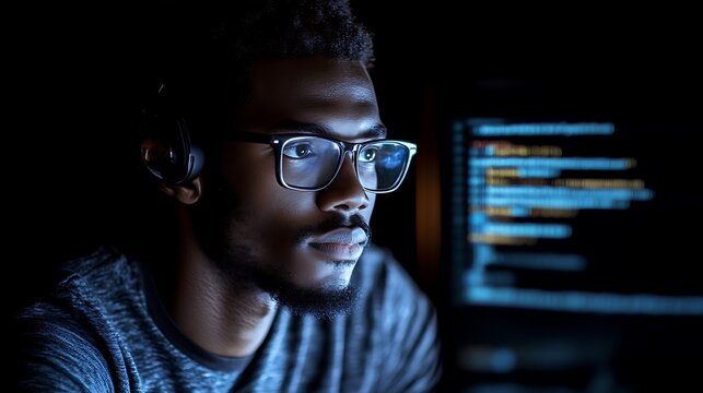 Young Man Codes Late Night Wearing Headphones