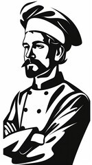 Obraz premium Minimalistic Black and White Vector Illustration of a Confident Chef With Crossed Arms on a White Background. Generative AI
