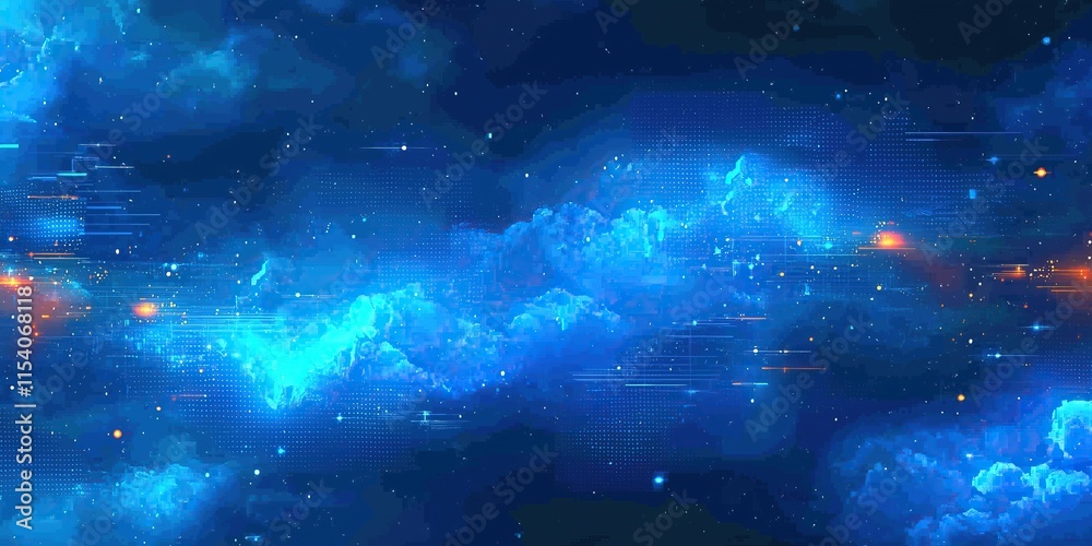 Poster abstract digital nebula glowing blue clouds and data streams across dark cosmic backdrop