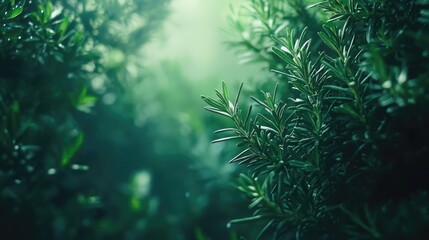 Lush rosemary plant close-up showcasing vibrant green branches in a serene natural background ideal for culinary and herbal themes