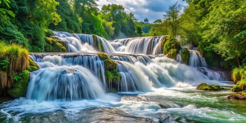 Obraz premium A waterfall cascading into a foamy river with white water and lush greenery surrounding it in harmony , river, foam, river