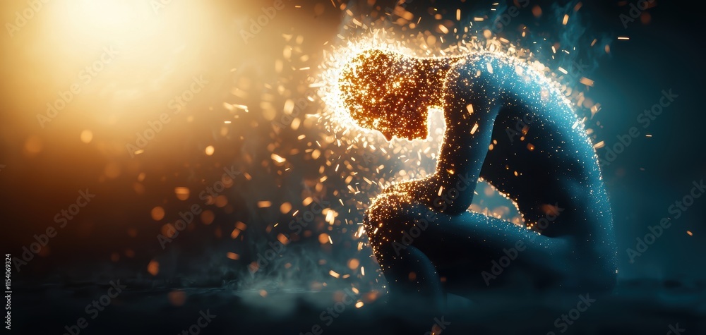 Poster A glowing figure kneels in a dramatic light, surrounded by particles, embodying themes of introspection, emotion, and transformation.