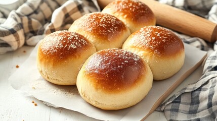 Freshly baked round bun bread arranged on a white table with a rolling pin and kitchen towel for a cozy baking atmosphere
