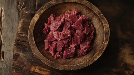 Raw wild venison meat pieces in a rustic wooden bowl ready for goulash preparation on a textured wooden surface