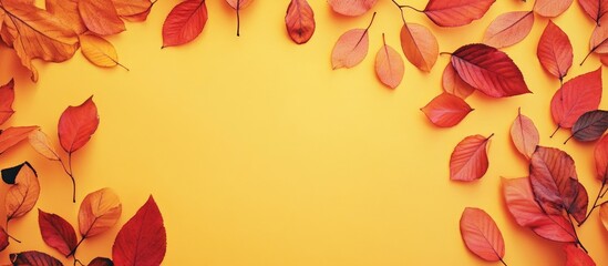 Autumn leaves frame on vibrant yellow backdrop creating a romantic mockup perfect for seasonal designs and invitations