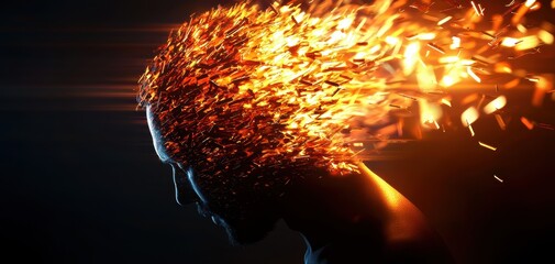 A dynamic image of a figure with fiery particles emerging from the head, representing creativity, energy, or transformation against a dark background.