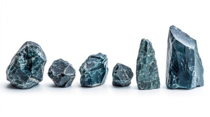 Natural blue stones in various sizes and shapes isolated on a white background showcasing unique textures and colors of geological materials.