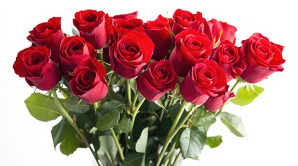 Vibrant bouquet of red roses in a vase against a clean white background showcasing nature's beauty and elegance.