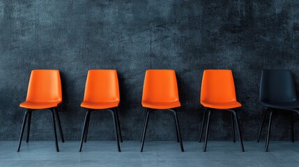 Chairs arranged in a row highlighting business recruitment diversity with one striking orange chair among neutral options