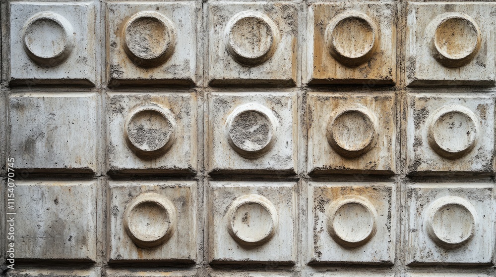 Poster Textured concrete wall featuring a blend of square and circular patterns creating a unique architectural backdrop for various design projects