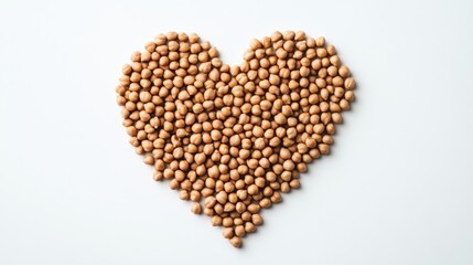 Heart-shaped arrangement of raw chickpeas on white background representing vegetarian food rich in protein carbohydrates and fiber
