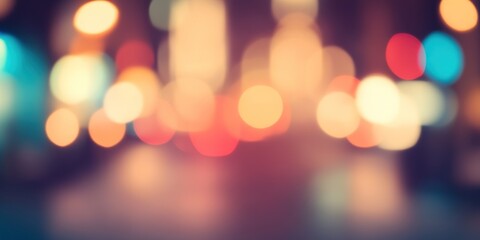 Blurred bright glowing lights of district in megapolis under dusk sky in evening on blurred background