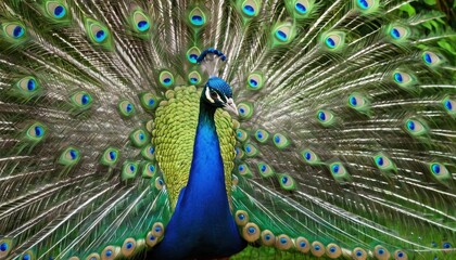Obraz premium A vibrant peacock in a sunlit garden, proudly showcasing its brilliant and colorful tail feathers, symbolizing grace, beauty, and nature’s artistry