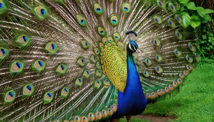 Obraz premium A dazzling peacock spreads its colorful fan of feathers, highlighting its natural elegance and the stunning details of its eye-catching plumage