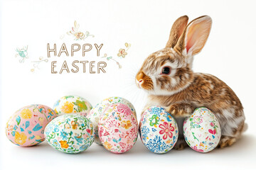 Colorful Easter Eggs Rabbit with Floral Pattern and Happy Easter Text Clipart for Festive Holiday Designs