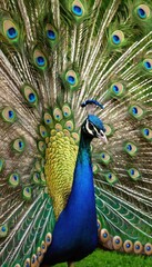 Obraz premium A dazzling peacock spreads its colorful fan of feathers, highlighting its natural elegance and the stunning details of its eye-catching plumage