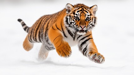 Obraz premium Playful Tiger Cub Running Through Snowy Landscape in Winter