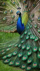 Obraz premium A majestic peacock displaying its vibrant, iridescent tail feathers in full bloom, showcasing the intricate eye-like patterns in a lush garden under a bright sky