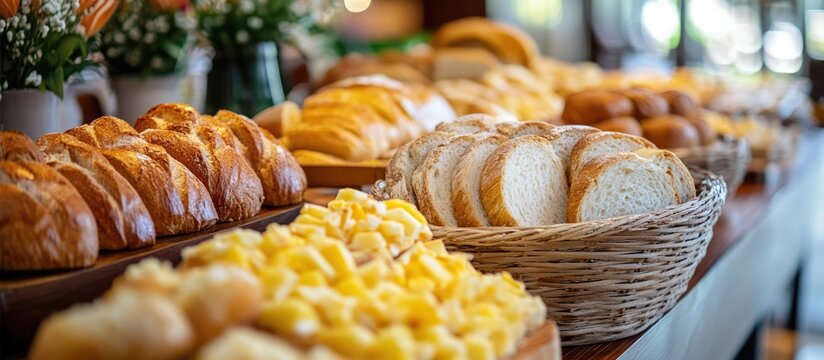 Freshly sliced white bread displayed on a buffet table ideal for breakfast alongside pastries and a colorful fruit assortment