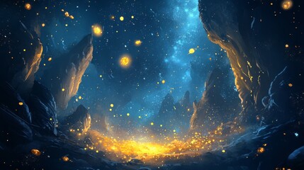 Obraz premium Starlit Cave With Glowing Elements Creating a Mystical Atmosphere in a Fantastical Landscape