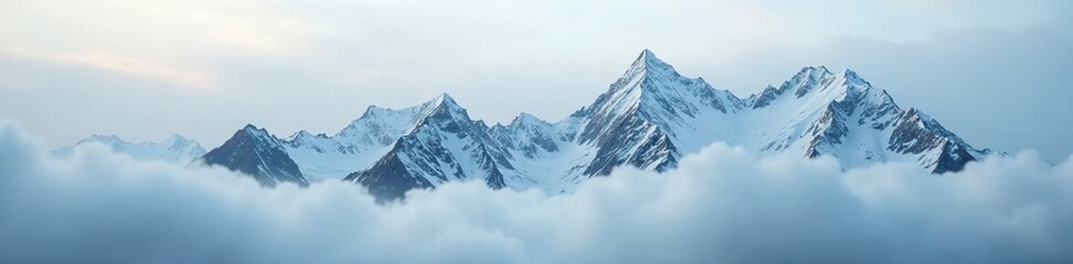 Obraz premium Snow-capped mountain peaks rising into misty grey clouds, serene landscape, moody clouds
