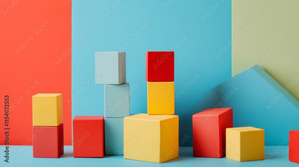 Poster An abstract block-building setup with artistic patterns, Contemporary construction style, photo of